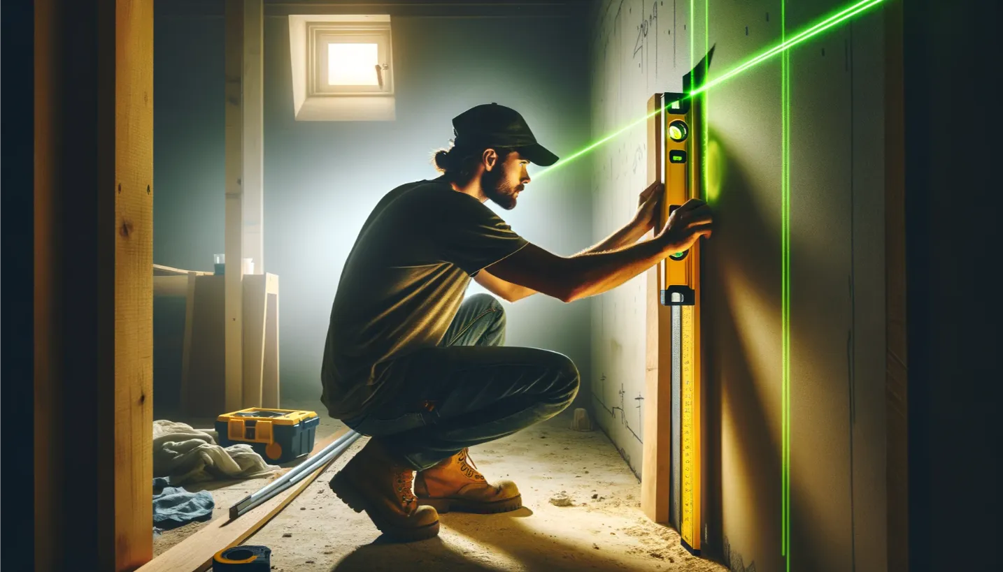 A person crouches to align a yellow spirit level against a wall, with a bright green laser line indicating level