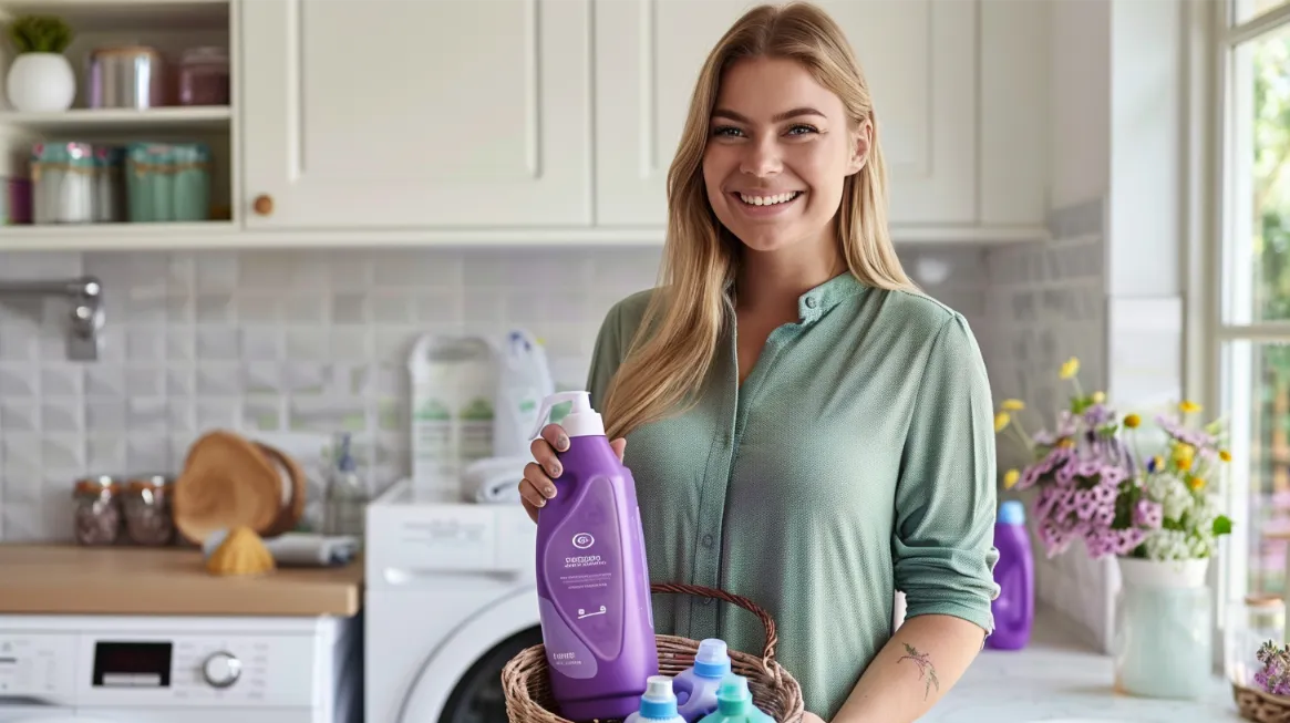 A woman smiling while holding a bottle of purple laundry detergent