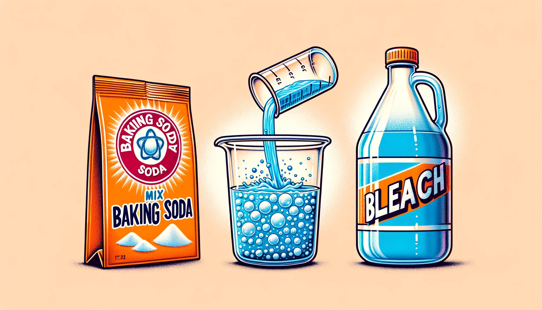 a packet of baking soda and a bottle of bleach being mixed in a beaker with a bubbling reaction.