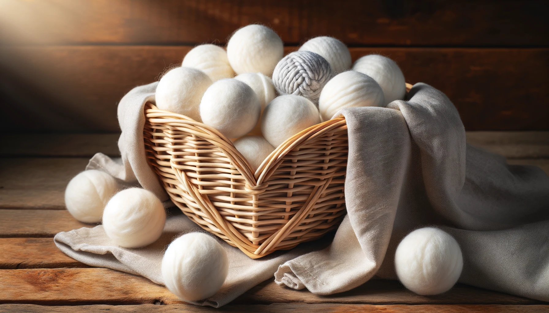 Heart-shaped wicker basket filled with white wool dryer balls on a wooden surface with a grey linen cloth.