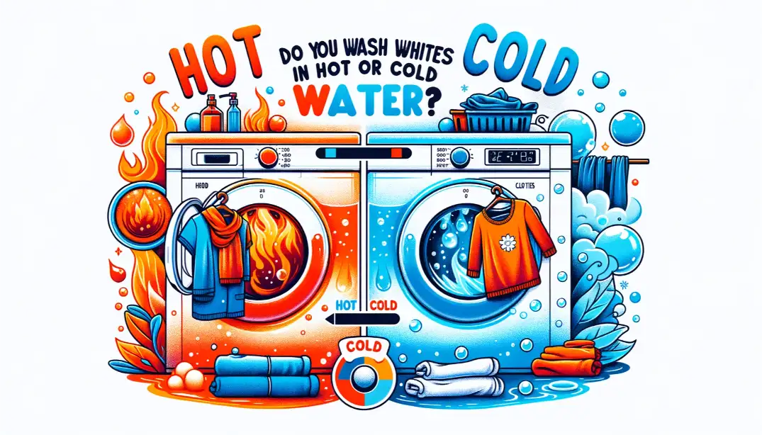 Illustration dividing 'HOT' and 'COLD' washing tips with a washing machine dial in the middle