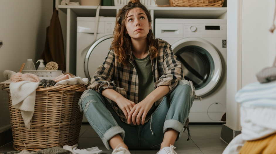 woman sits on the floor among scattered clothes with a laundry basket and washing machine in the background