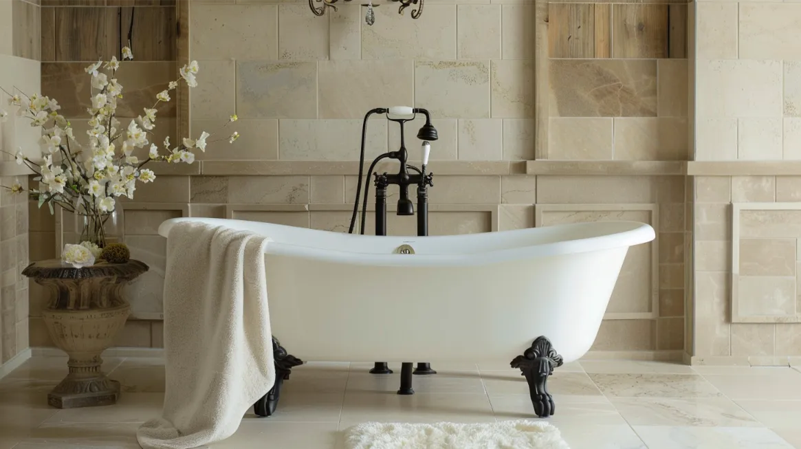 A classic freestanding bathtub with a black faucet