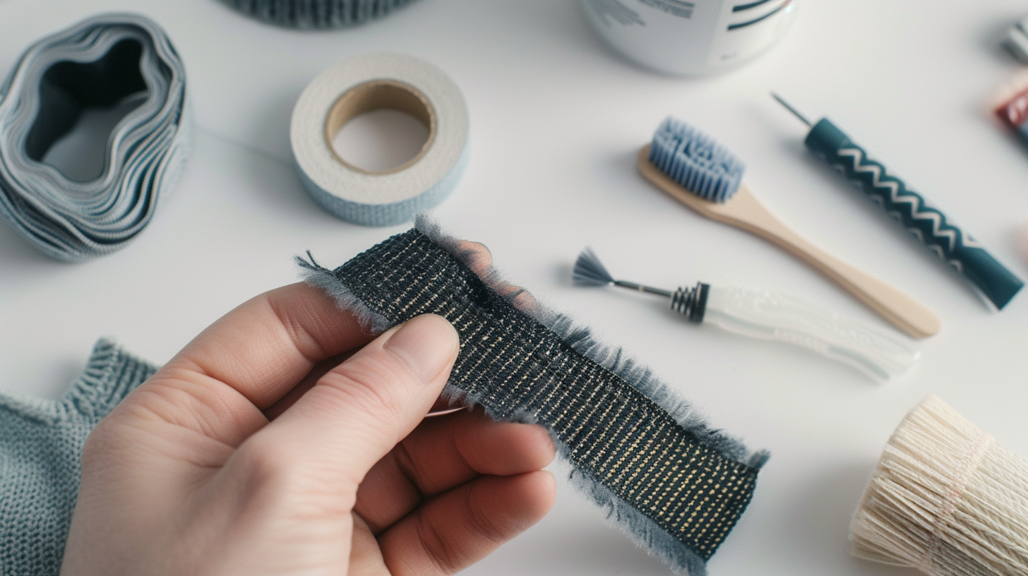 a brush to clean a grey Velcro strap on a white surface with cleaning supplies around.