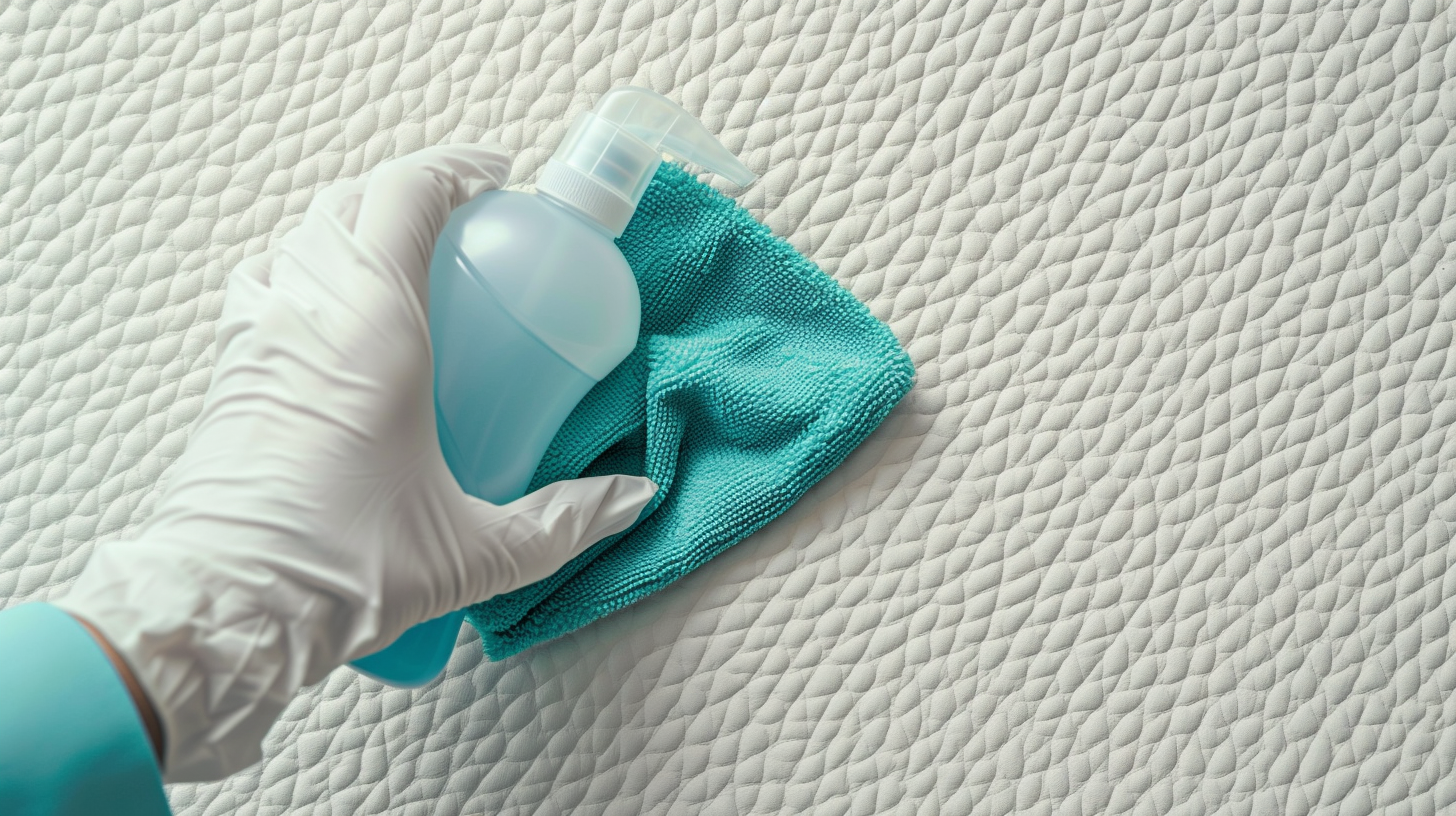 Hands in pale gloves clean a white leather surface with a spray bottle and turquoise cloth.