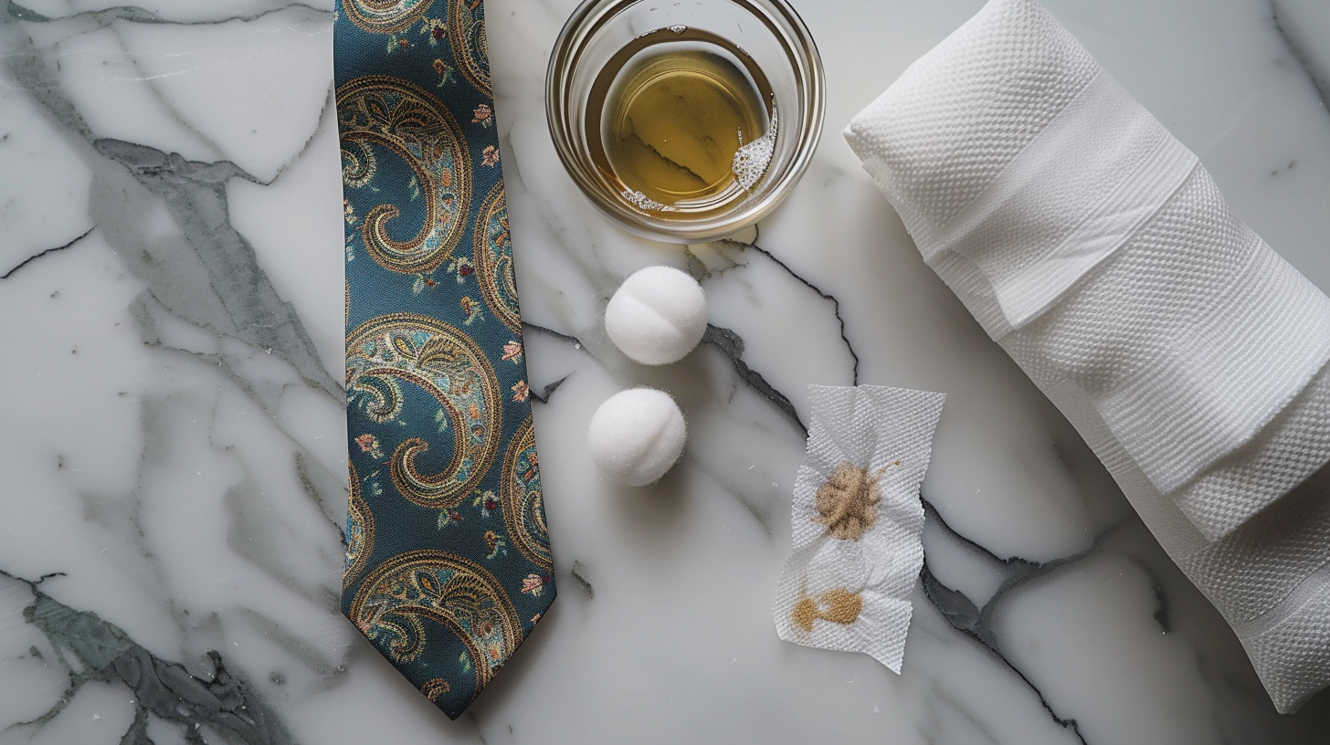 silk tie on a marble surface, with a glass bowl of water, cotton balls, and a stained paper towel