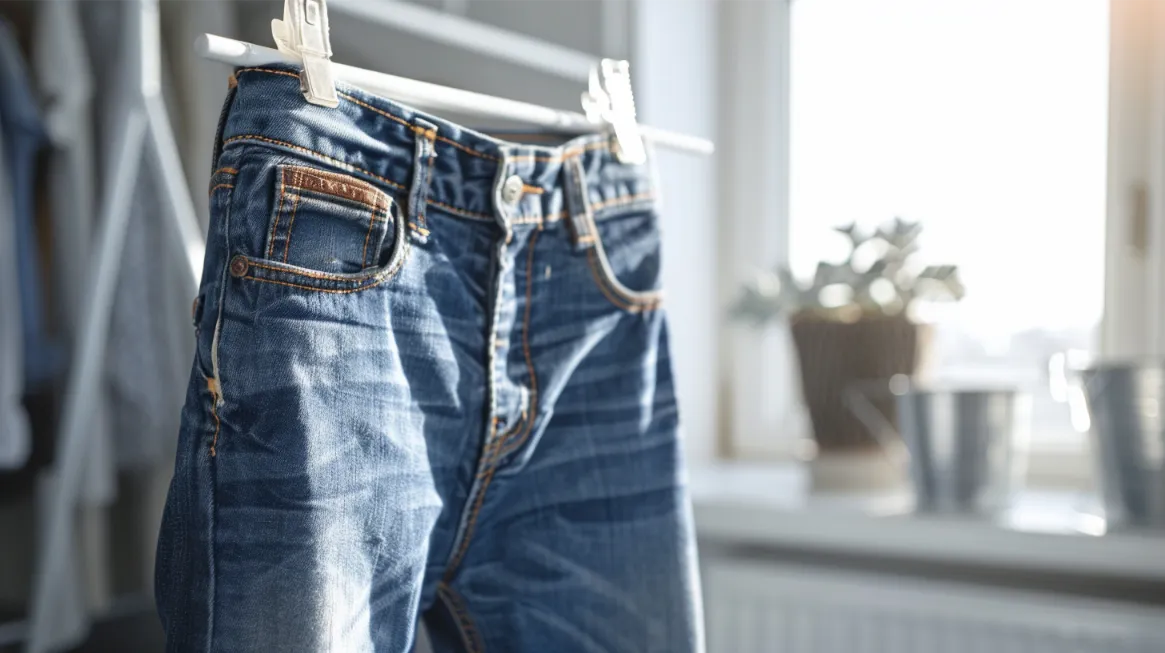 A pair of blue jeans hanging on a clothesline