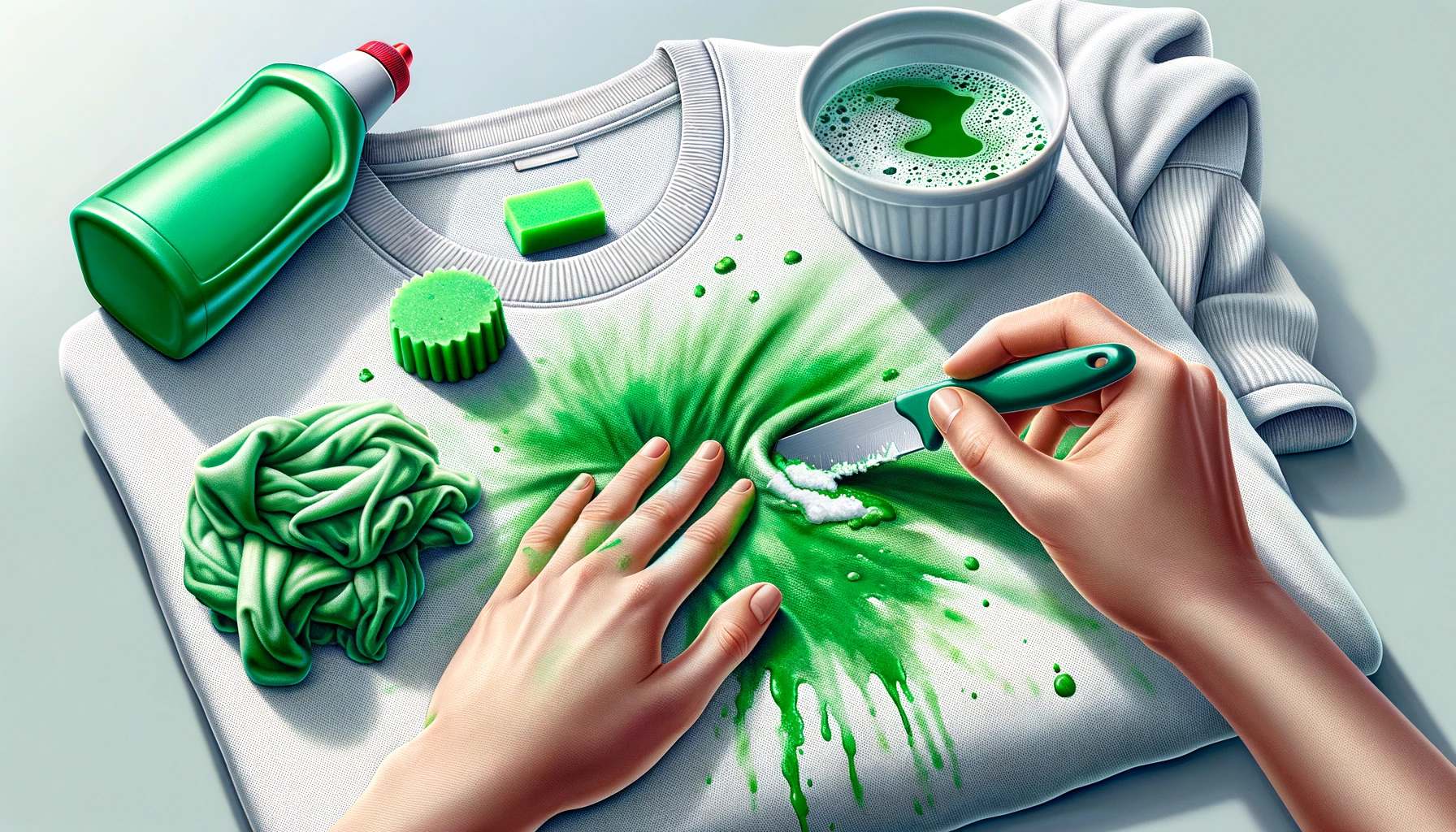 using a dull knife to remove green playdough from white clothing