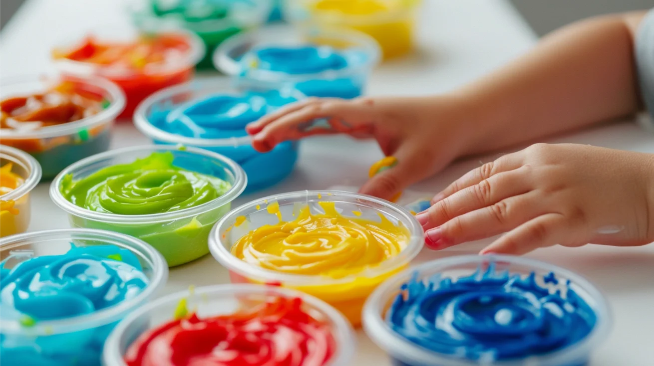Child's hands stretching colorful silly putty
