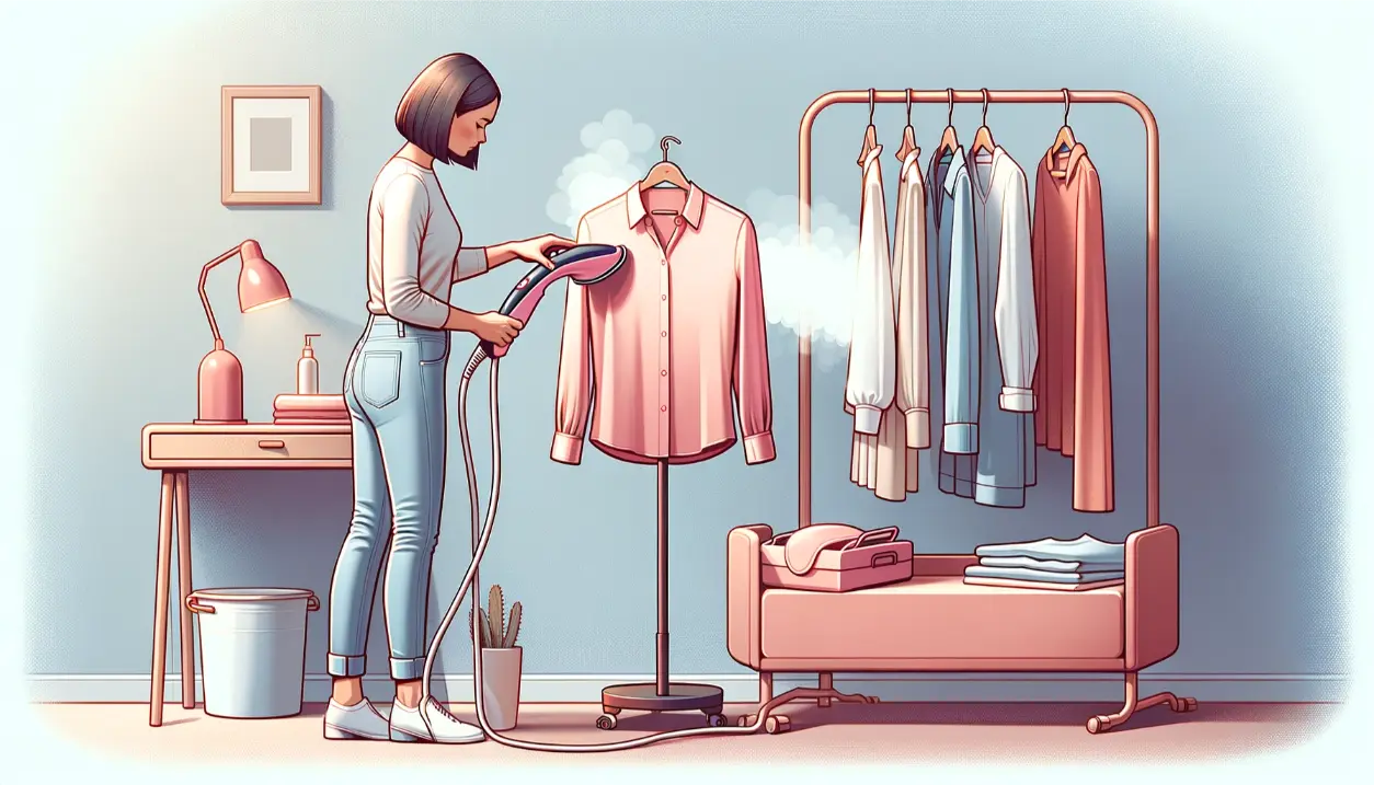 A person in a white blouse and jeans uses a handheld garment steamer