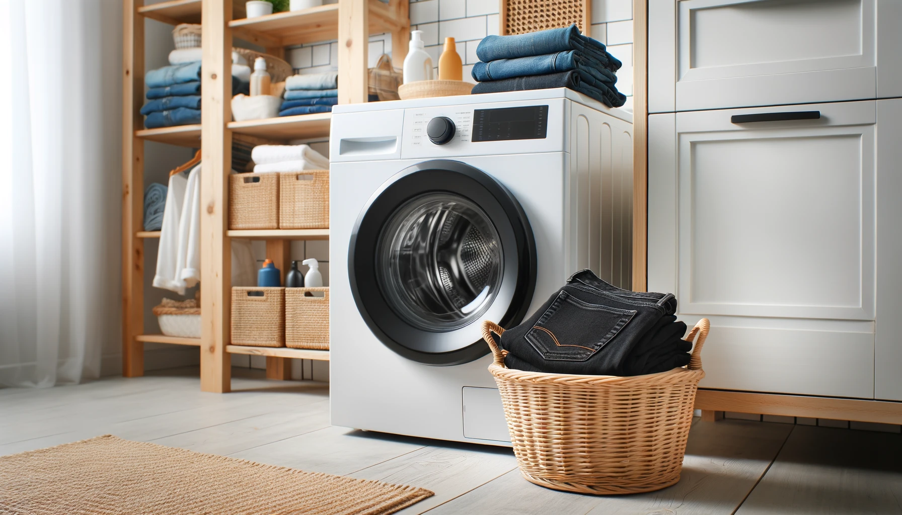Black jeans neatly folded on a washing machine lid in a bright laundry room with wooden accents and organized shelves.