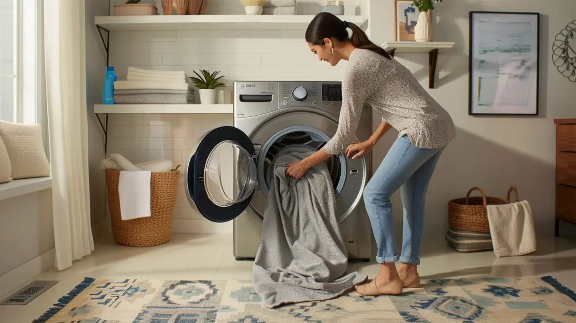 area rug into an open front-loading washing machine