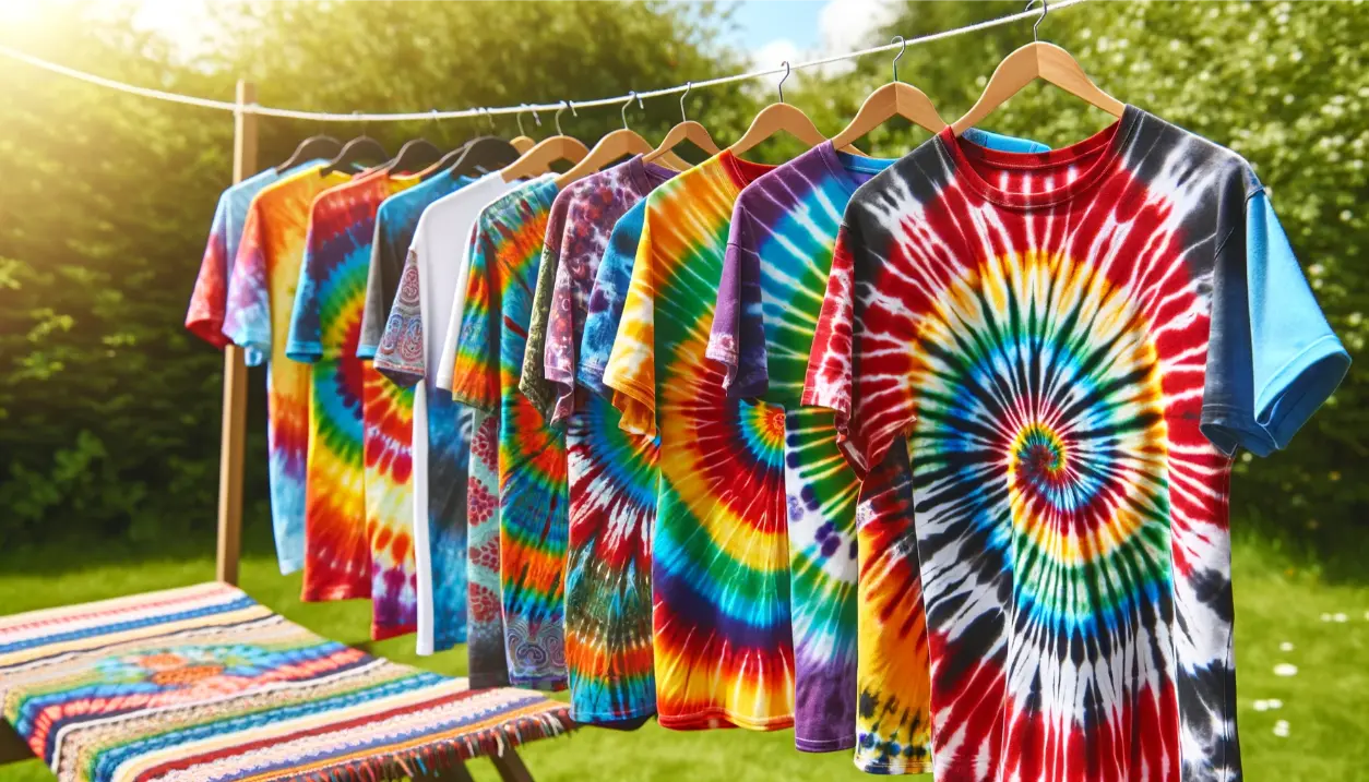 A vibrant array of tie-dye shirts with various patterns