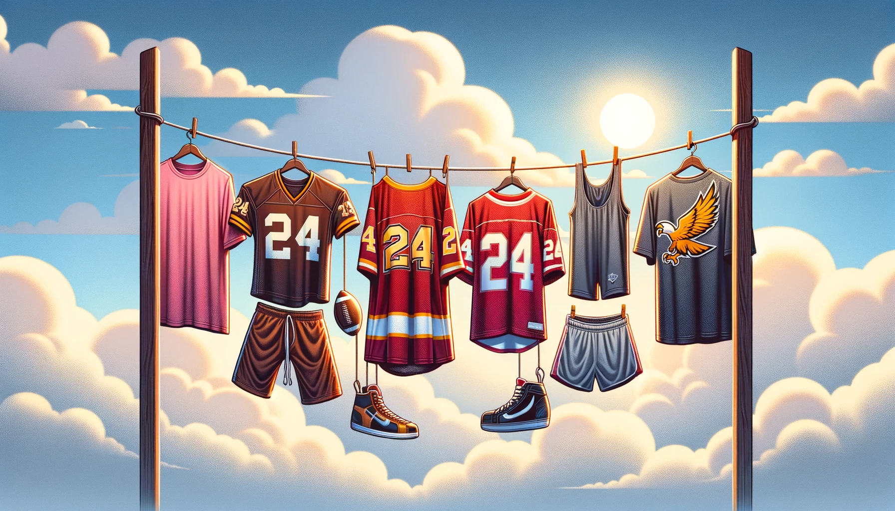 Sports jerseys and shorts hanging on a clothesline