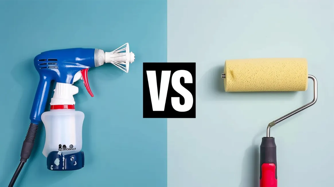 A paint sprayer on the left and a paint roller on the right
