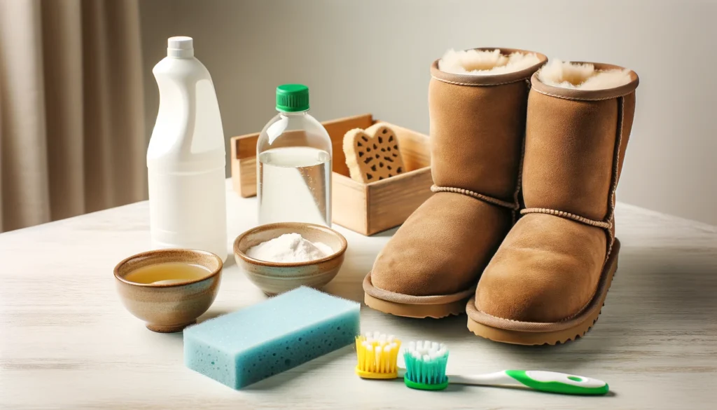 A pair of brown UGG boots on a table with cleaning supplies, including white vinegar, baking soda, a sponge, and a toothbrush.