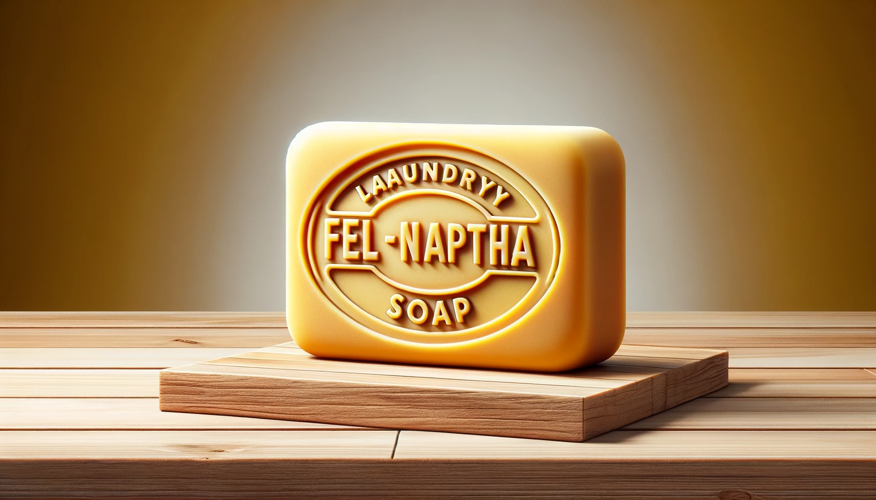 A yellow bar of Fels-Naptha laundry soap with embossed lettering on a wooden surface