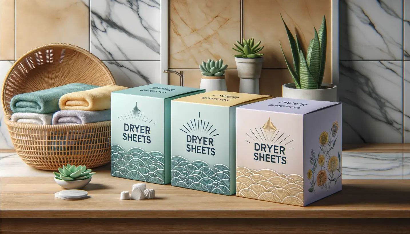 Three boxes of dryer sheets on a wooden surface