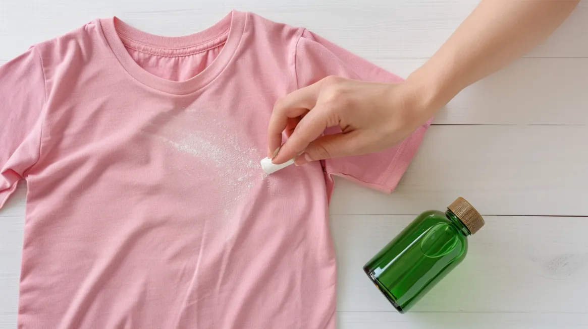 Stain removal in action with a specialized stain remover and a green bottle