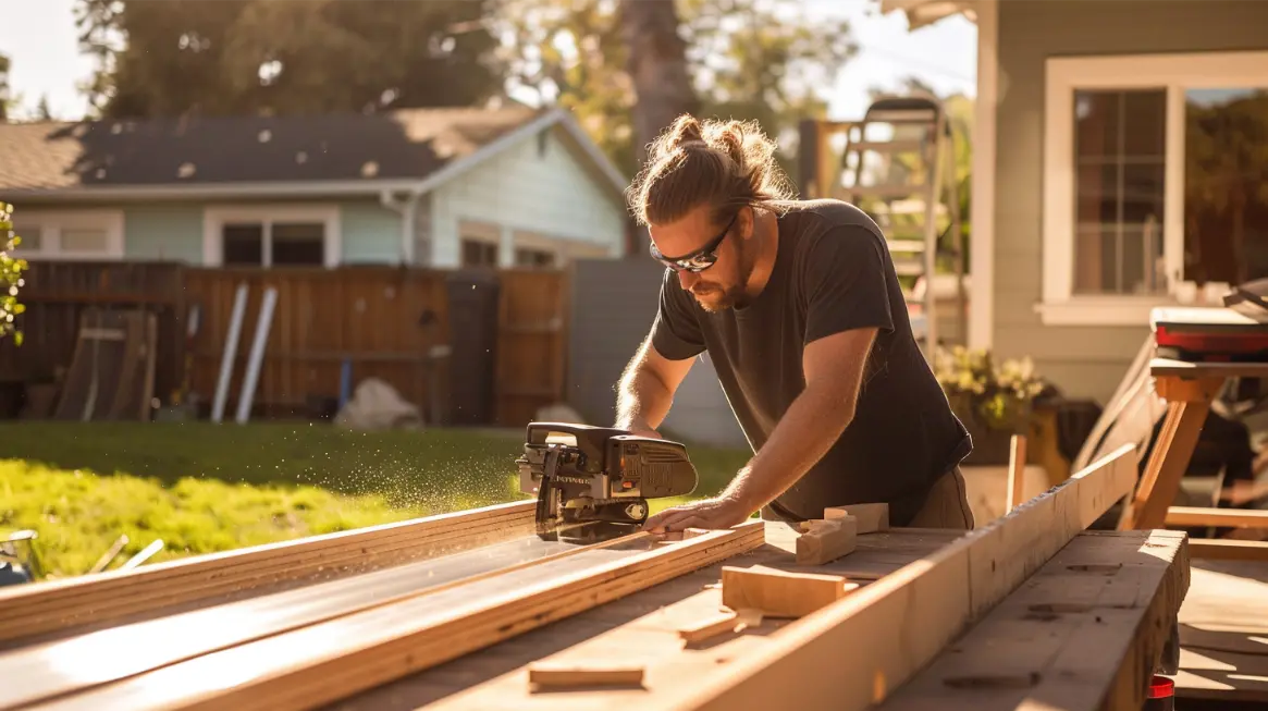 A man with glasses and a ponytail using a track saw on a wooden plank outdoors