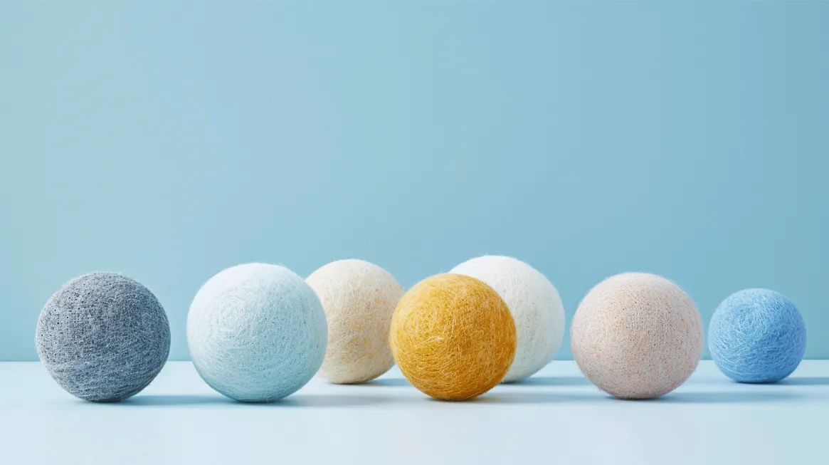 Seven colorful wool dryer balls arranged in a row on a blue background