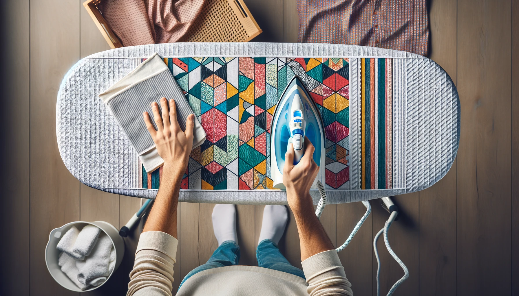 Overhead view of hands ironing a patterned fabric on an ironing board.