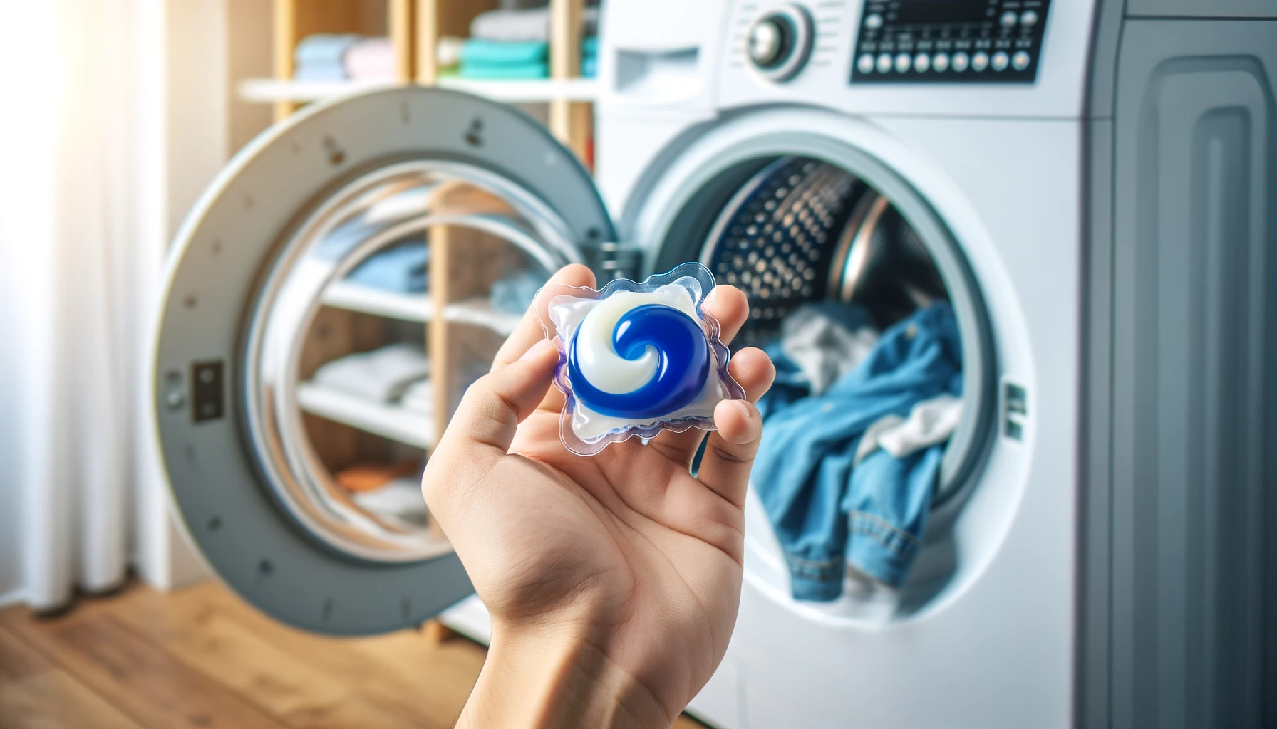 A hand holds a blue and white dishwasher pod in front of a blurry washing machine loaded with clothes.