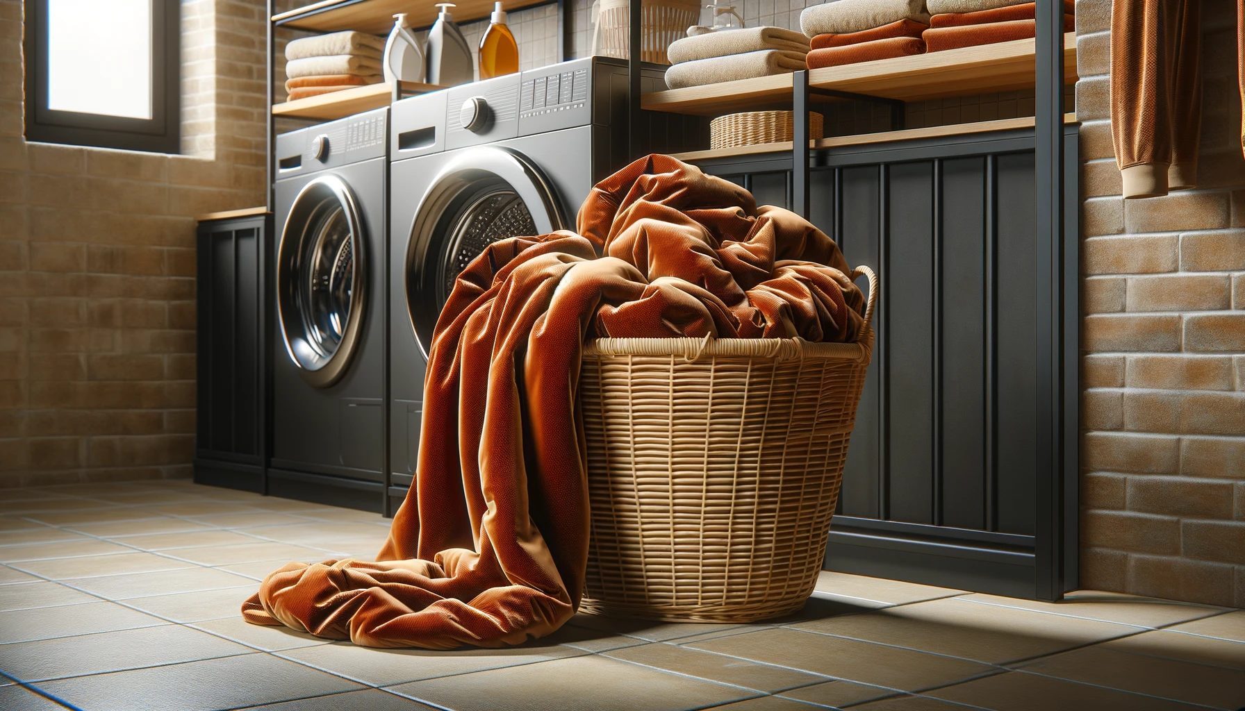 Amber velvet comforter in a wicker basket beside a washing machine in a laundry room.