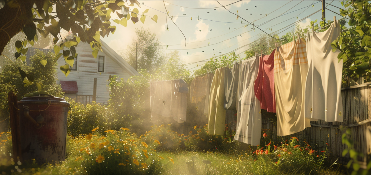 A serene backyard with a clothesline heavily laden with wet clothes, a wilting vibrant garden, swarming insects, and dust-filled air