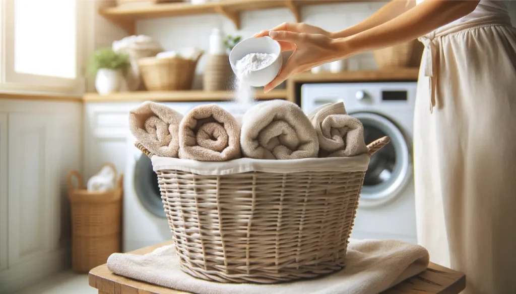 baking soda from a measuring cup into a wicker laundry basket filled with beige towels 