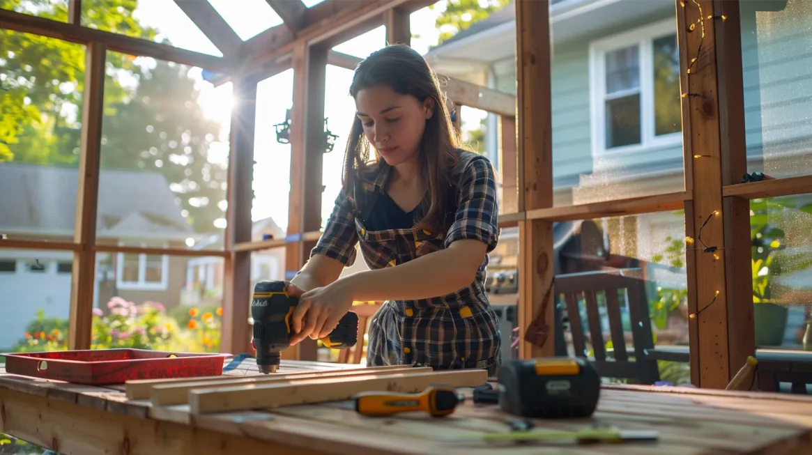 A woman using a power drill on wooden planks in a well-lit, enclosed porch with garden views