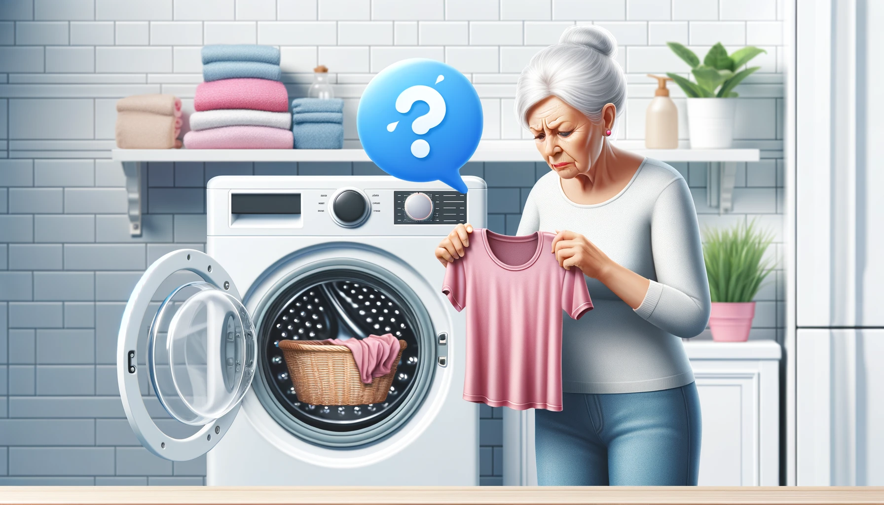 An elderly woman looks concerned at a shrunken pink t-shirt after washing.