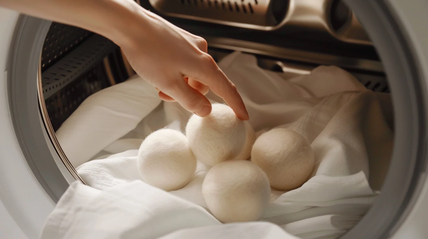 the wool dryer balls into a washing machine, illustrating an alternative to traditional dryer sheets
