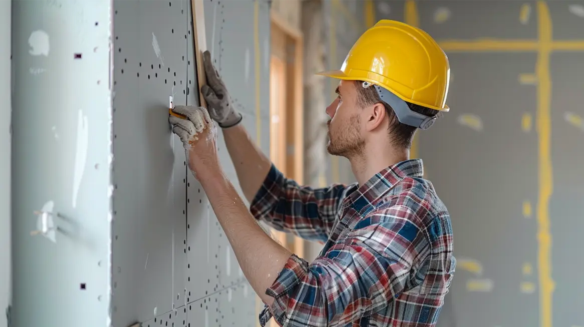 A construction worker is applying drywall shims to a wall