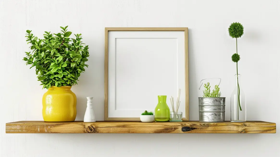 A wooden floating shelf mounted on a white wall
