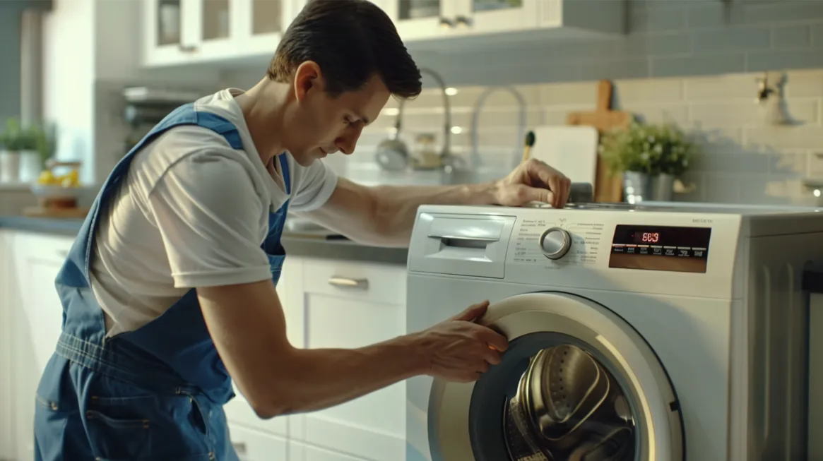 A man in overalls is adjusting a front-loading washing machine