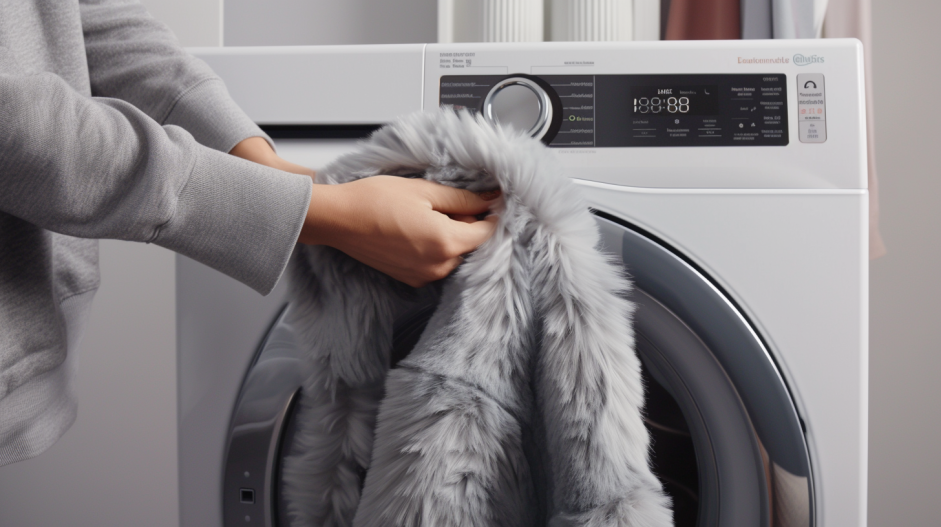 grey faux fur jacket into a modern front-loading washing machine