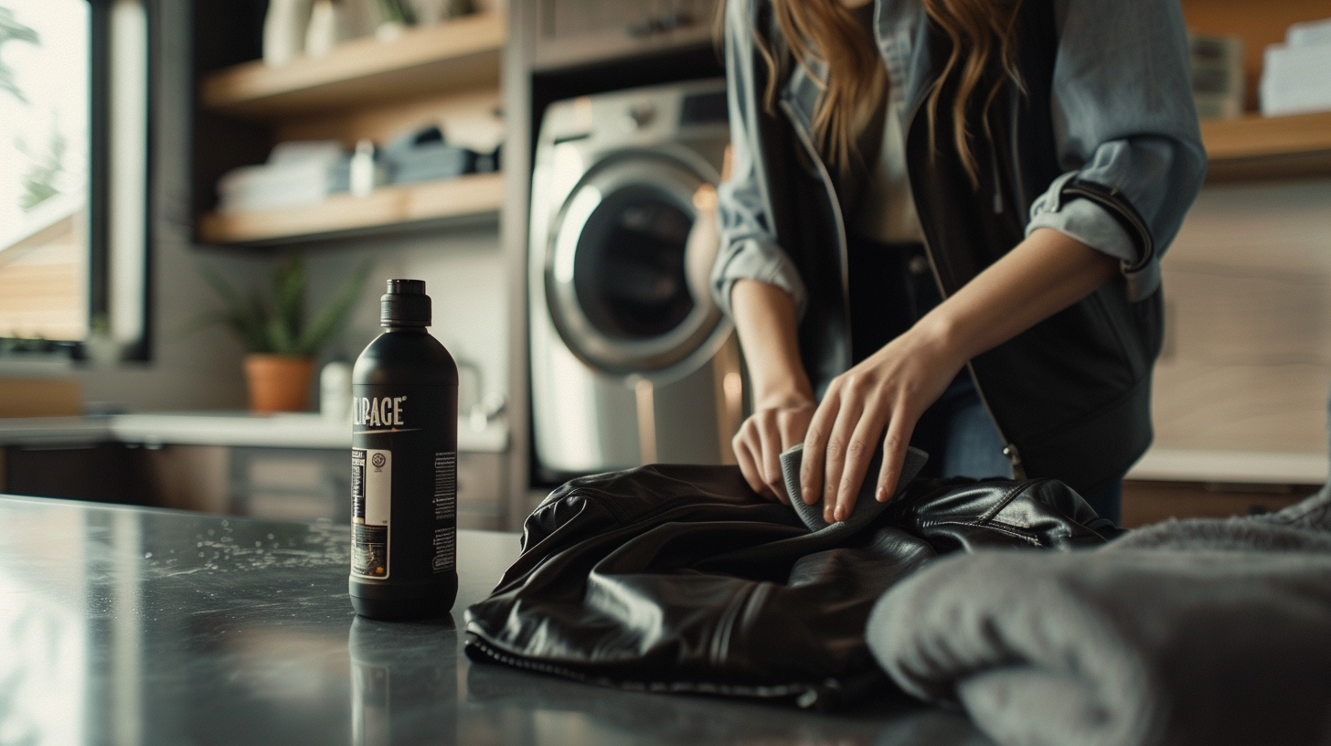 Cleans a black faux leather jacket with a microfiber cloth on a counter in a well-lit laundry room