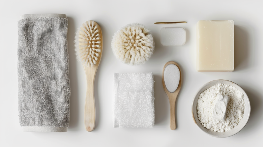 cleaning tools for a suede coat arranged on a white background