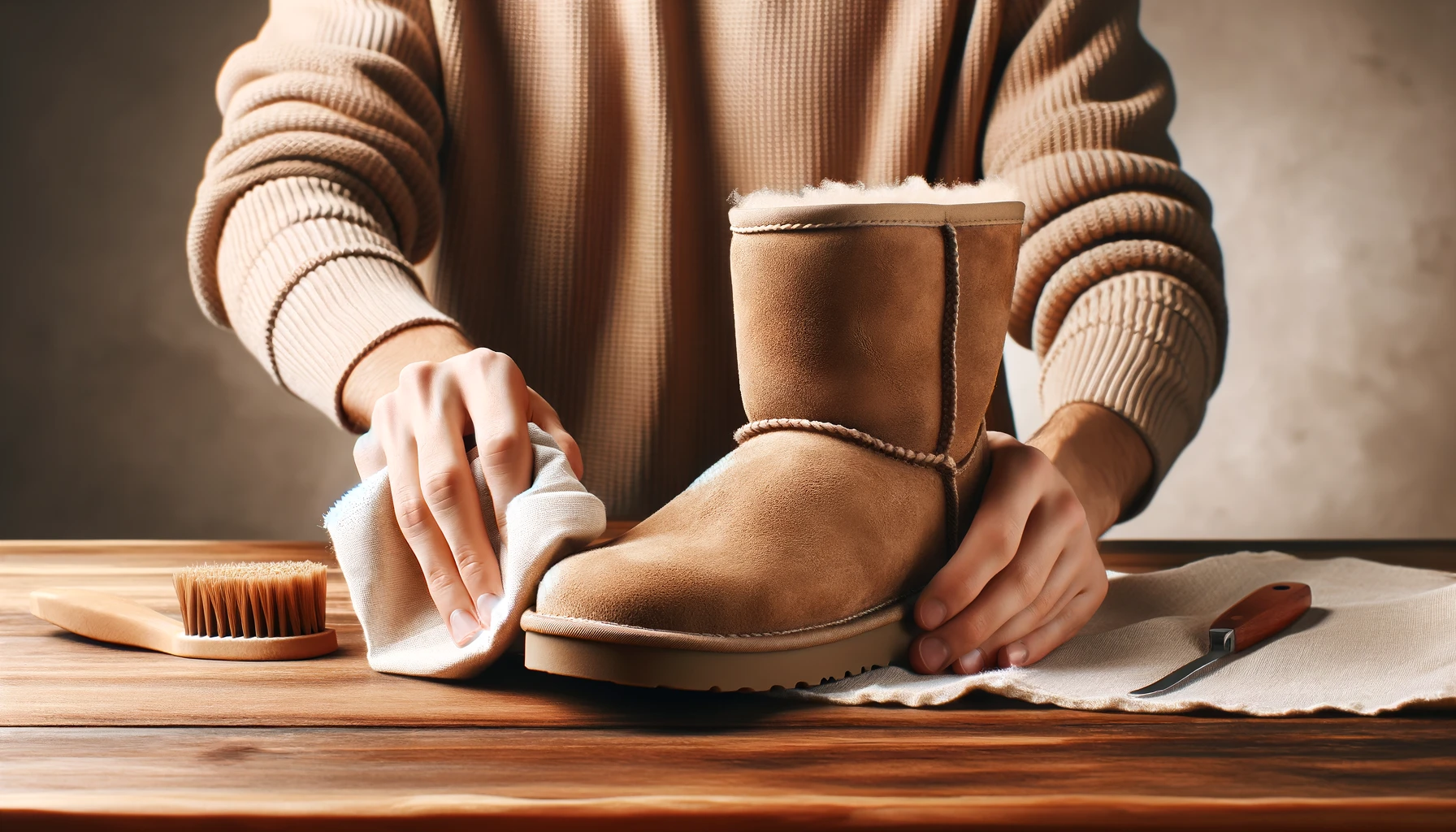A person's hands are using a white cloth to wipe down a tan Ugg boot on a wooden table.