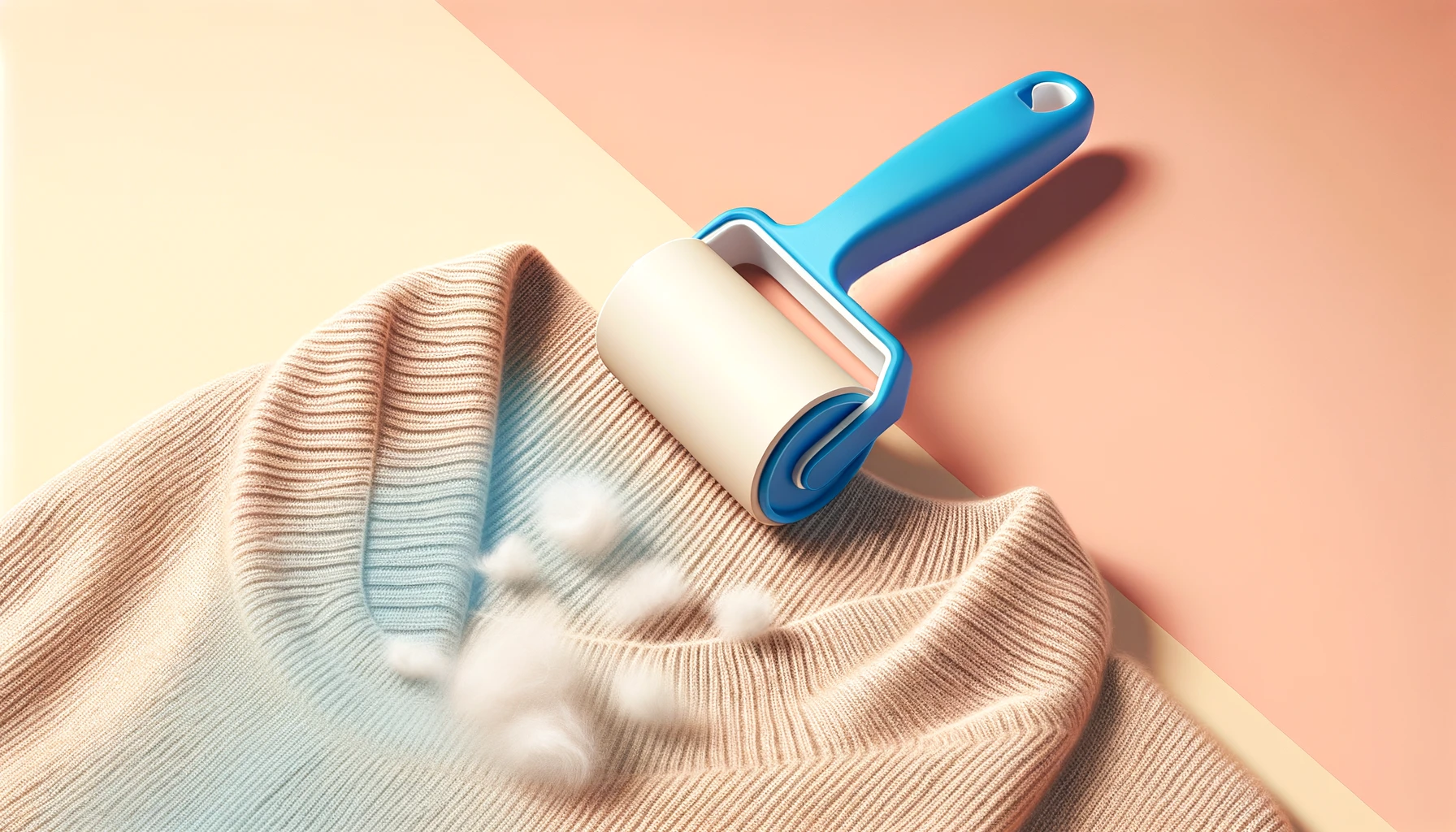A lint roller with a blue handle rolls over a beige sweater, removing fluff against a pastel gradient background.