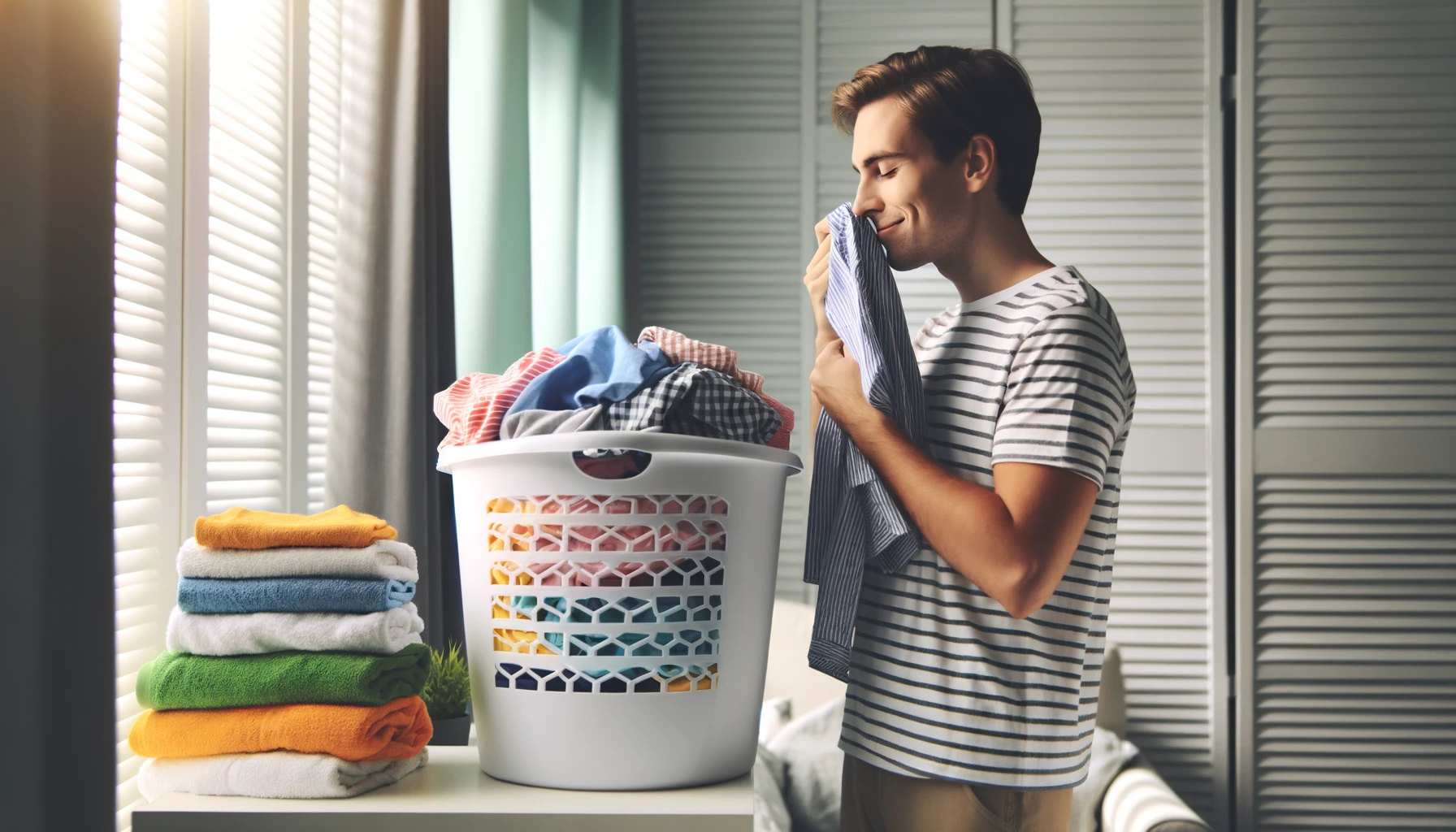 A person standing by a window, holding clothes close to their face, with a laundry basket full of colorful clothes nearby.