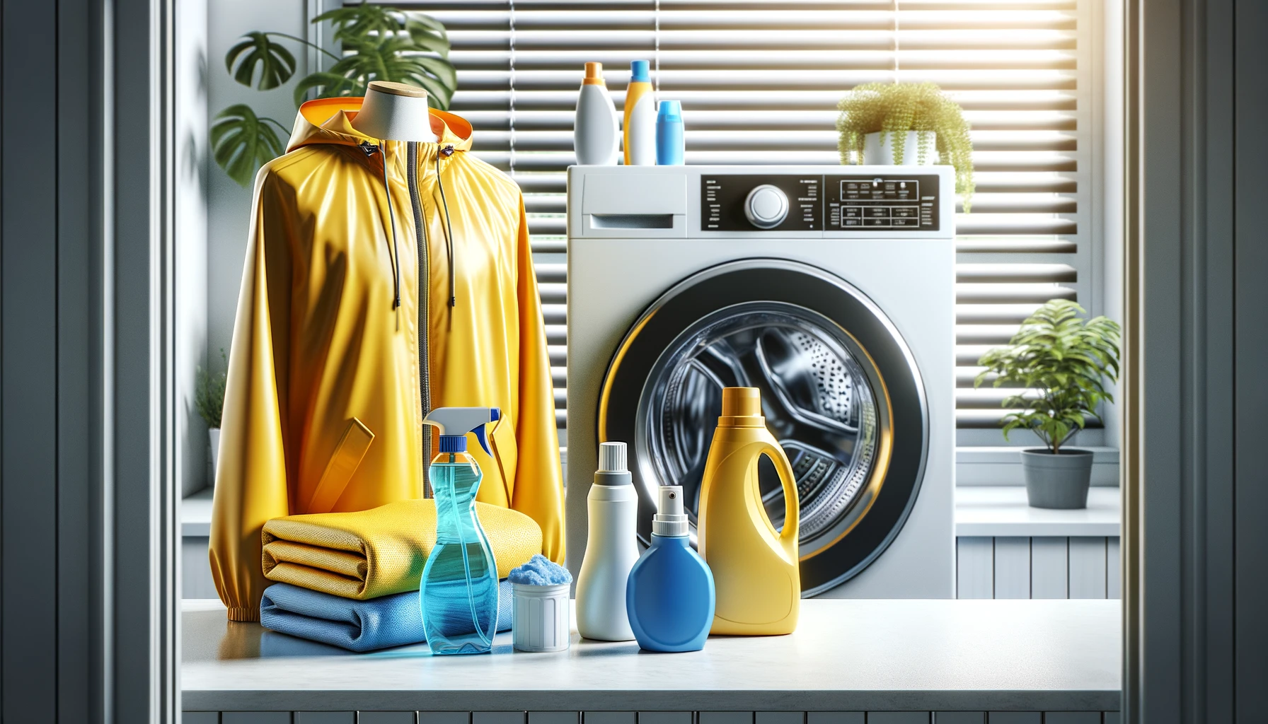 A yellow rain jacket on a countertop with laundry supplies and a washing machine near a window with blinds.