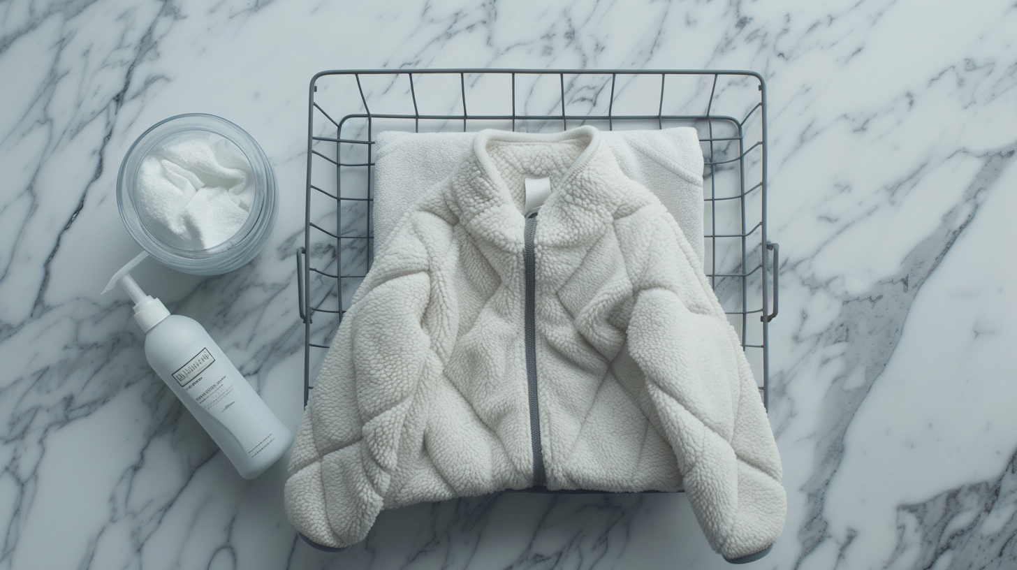 Fleece jacket in a wire laundry basket on a marble surface