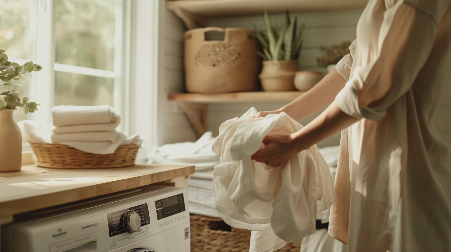 white linen sheets into a washing machine in a bright, organized laundry room with eco-friendly products on shelves, plants, and a basket of towels.