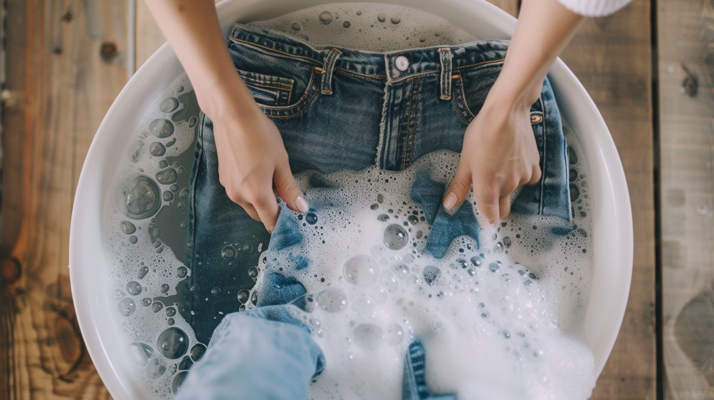 gently washing raw denim jeans in a white basin with soapy water, surrounded by bubbles on a light wooden background.