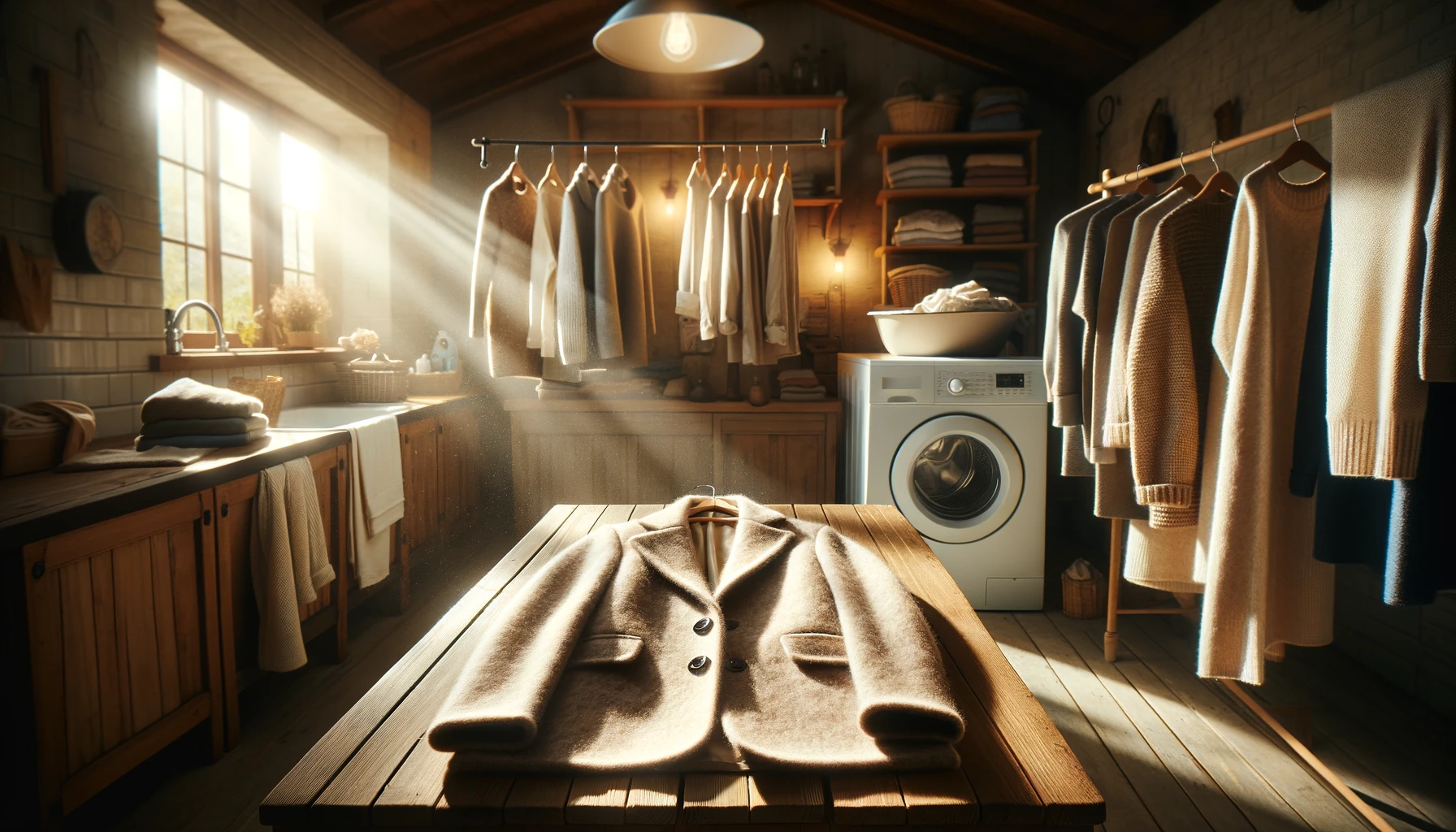 A soft beige wool coat on a wooden table in a sunlit laundry room with rustic charm