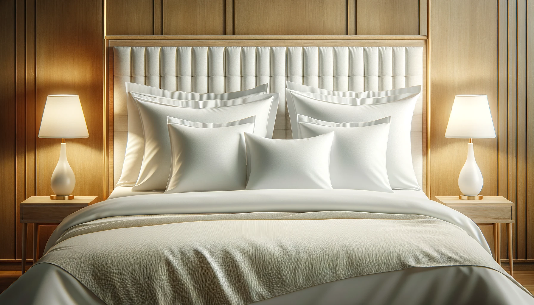 A luxurious bed with a wooden headboard and four plush white pillows made of high-quality Supima cotton.