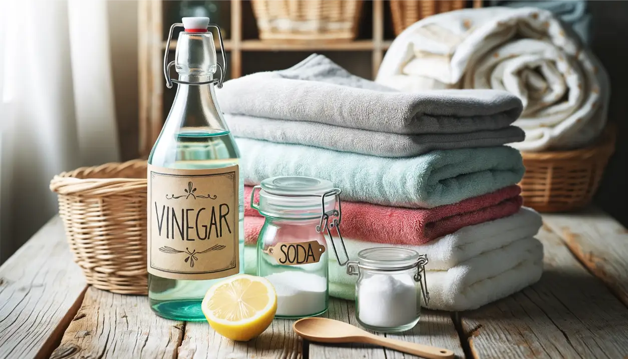 Eco-friendly laundry essentials featuring vinegar and baking soda on a wooden table