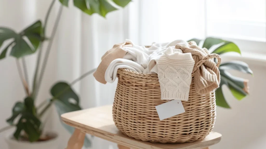A wicker basket filled with new baby clothes, complete with price tags